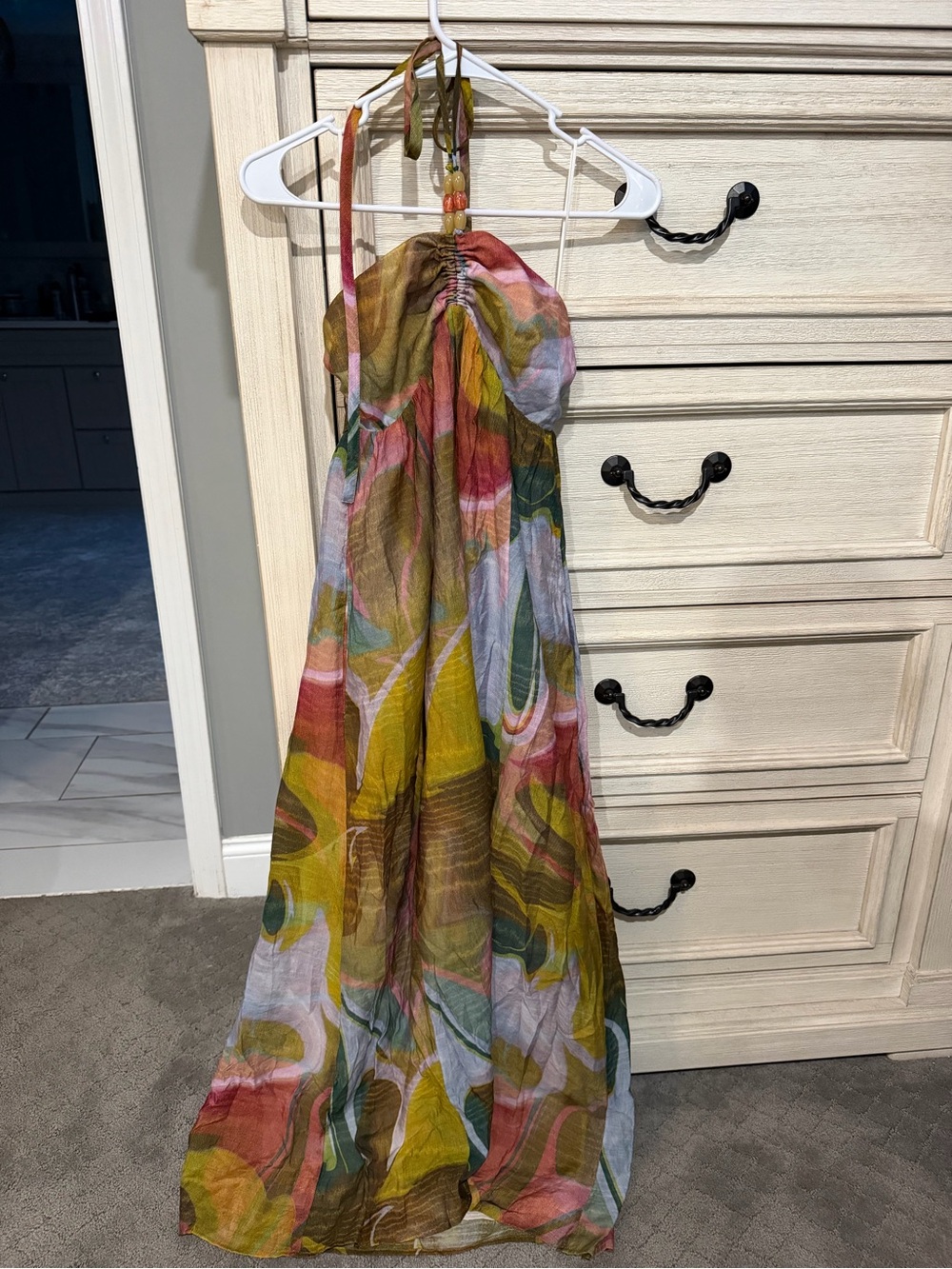 Steve Madden Multicolor Halter Maxi Dress in Mustard, Olive & Coral